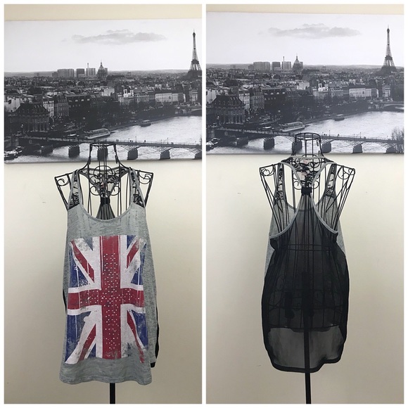 Tops - Distressed Lace & Mesh Graphic Tank Top